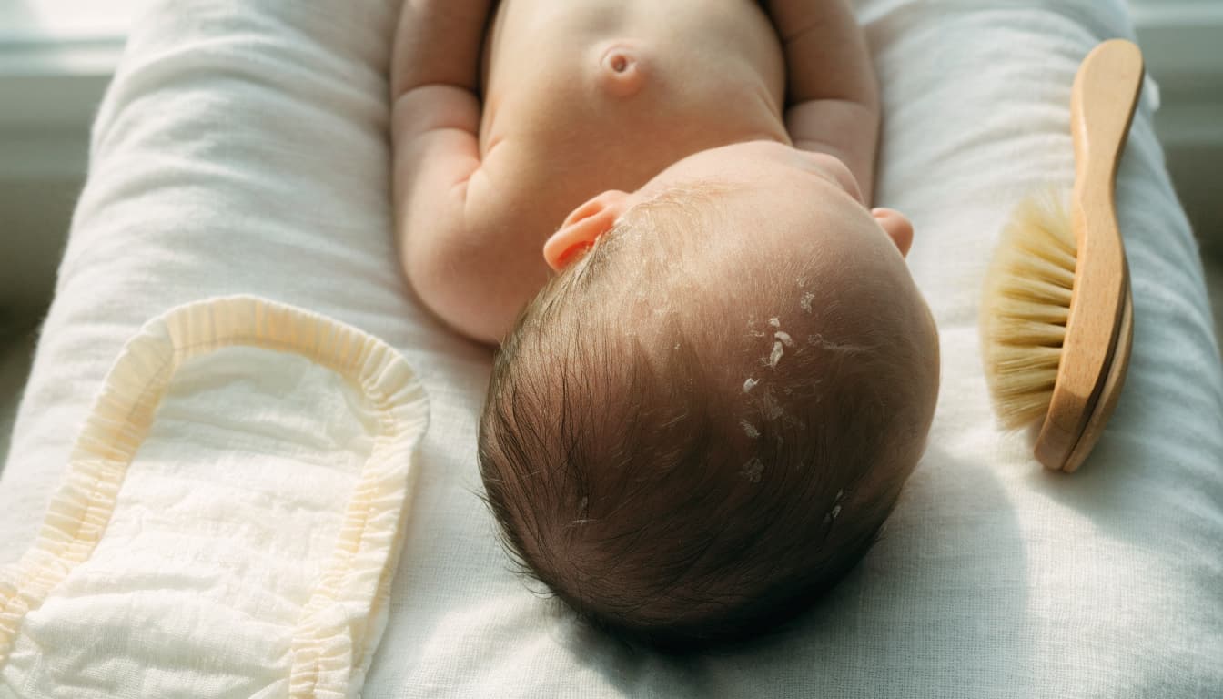 A newborn on a white pad beside a folded diaper and soft baby brush.