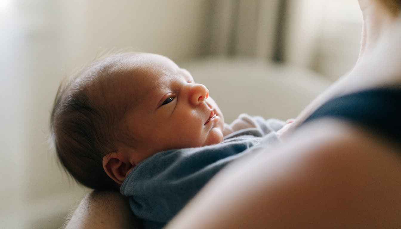 A calm newborn girl rests in a caregiver's arms under soft morning light.