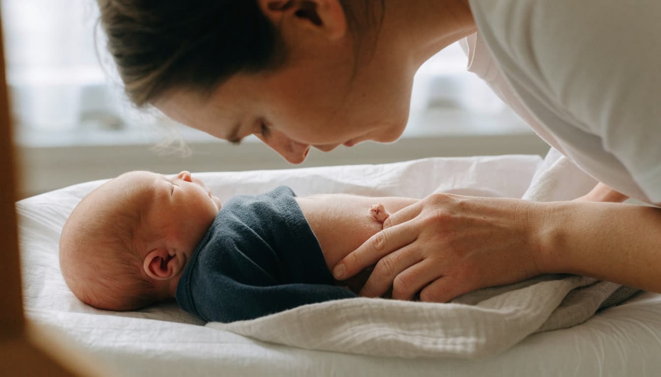 A parent observes a newborn's belly while the baby lies on a changing pad.