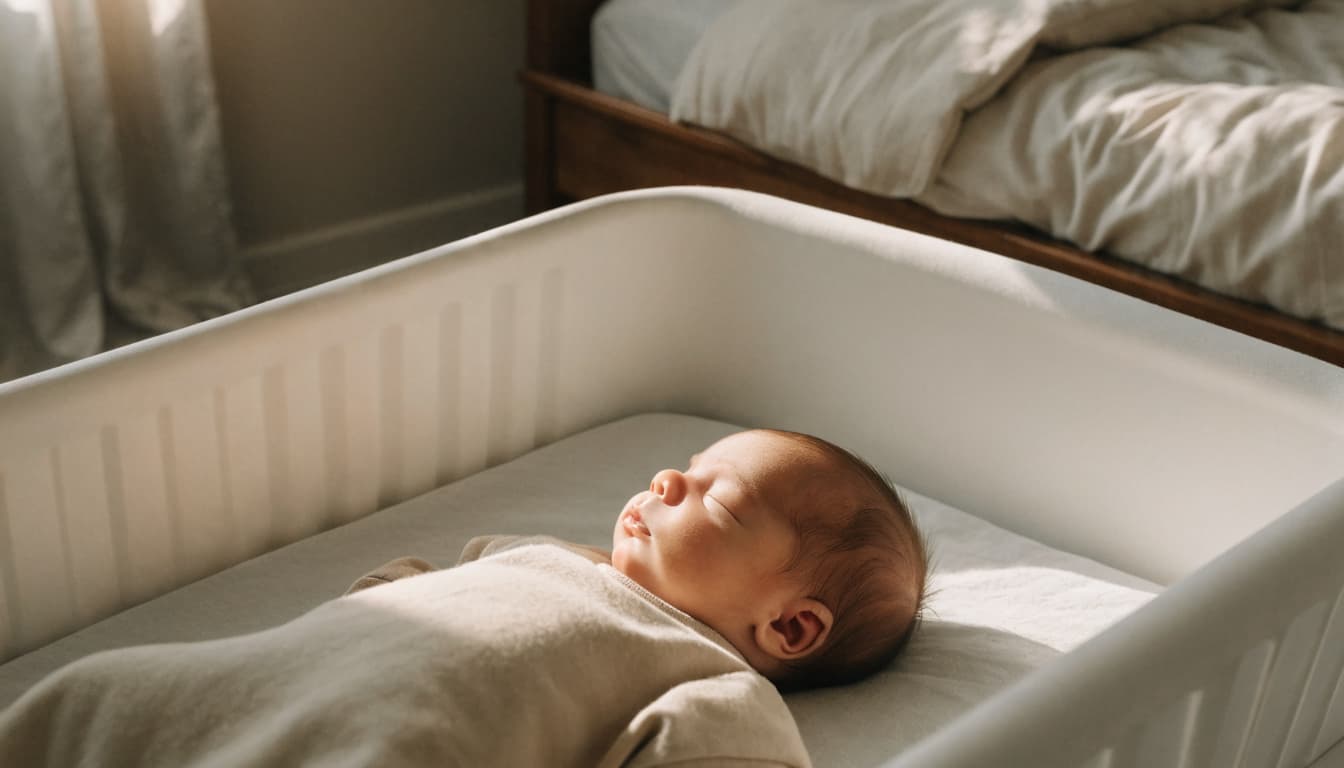 A baby in a sleep sack lies on their back in a bassinet beside a bed.