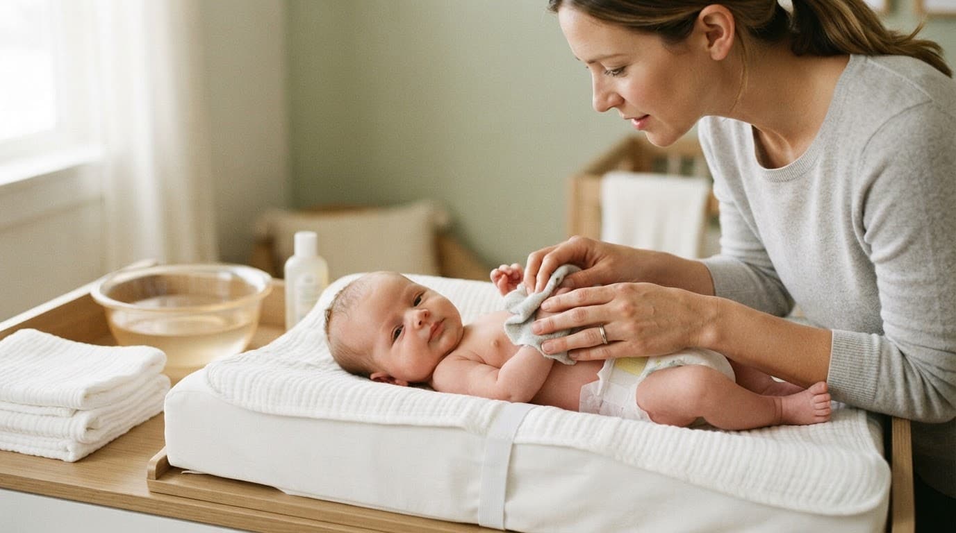 A caregiver gently bathes a towel-covered newborn on a padded surface.