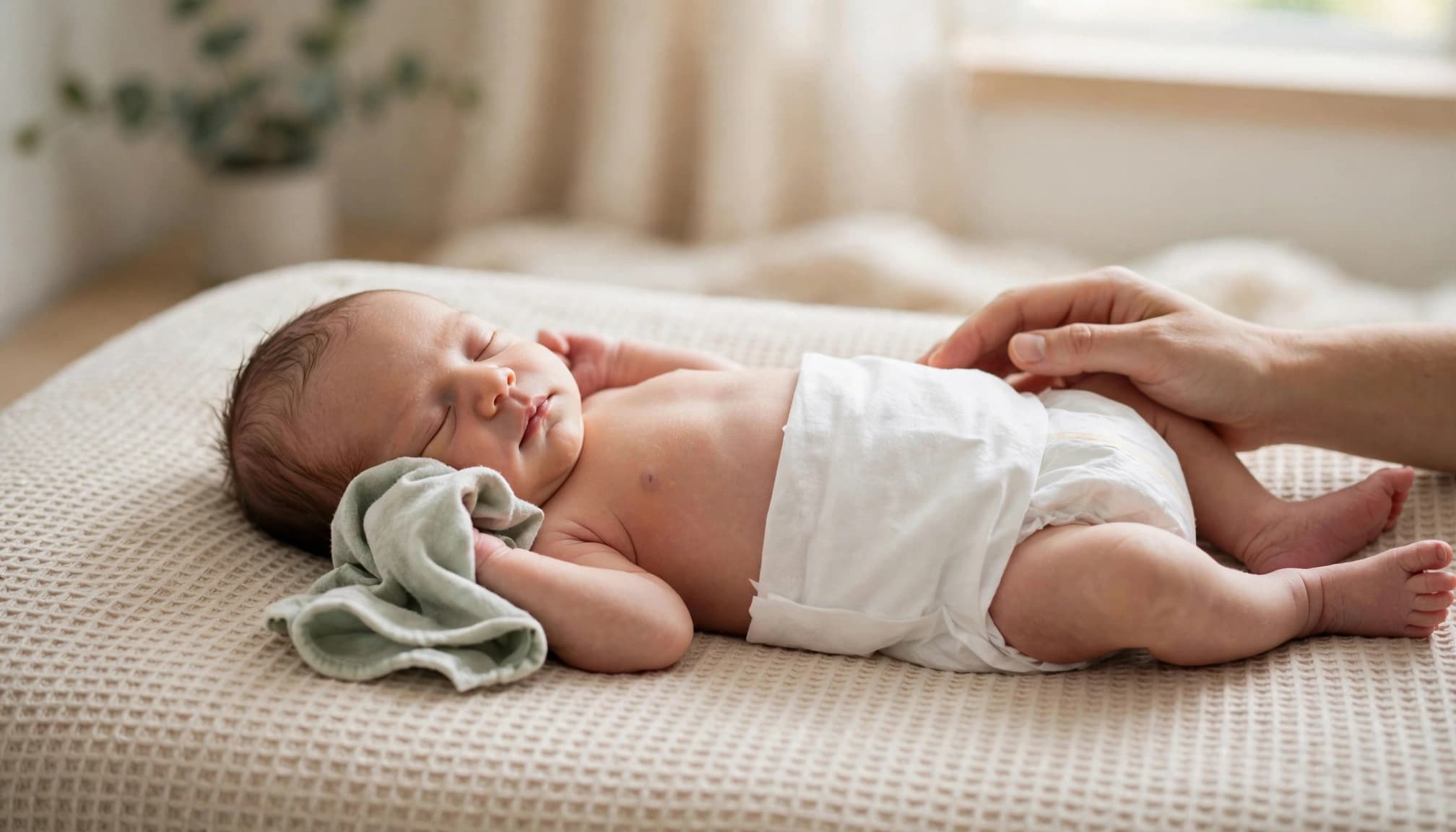 Newborn on a towel receiving a sponge bath with an adult hand nearby.