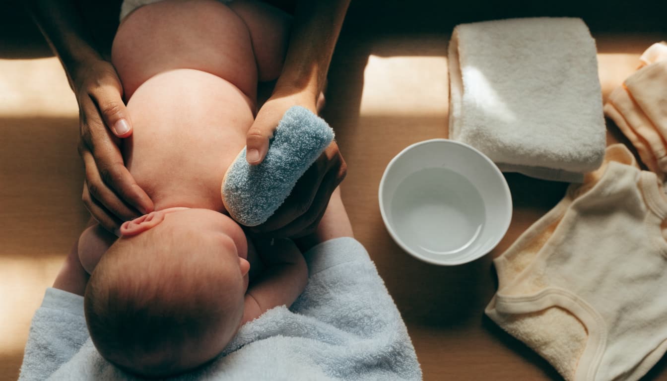 A caregiver supports a newborn beside a bowl of water, folded towel, and clean clothes.