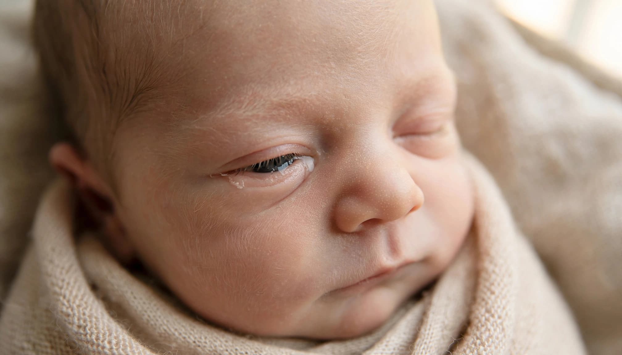 Close view of a calm newborn with one slightly watery eye.