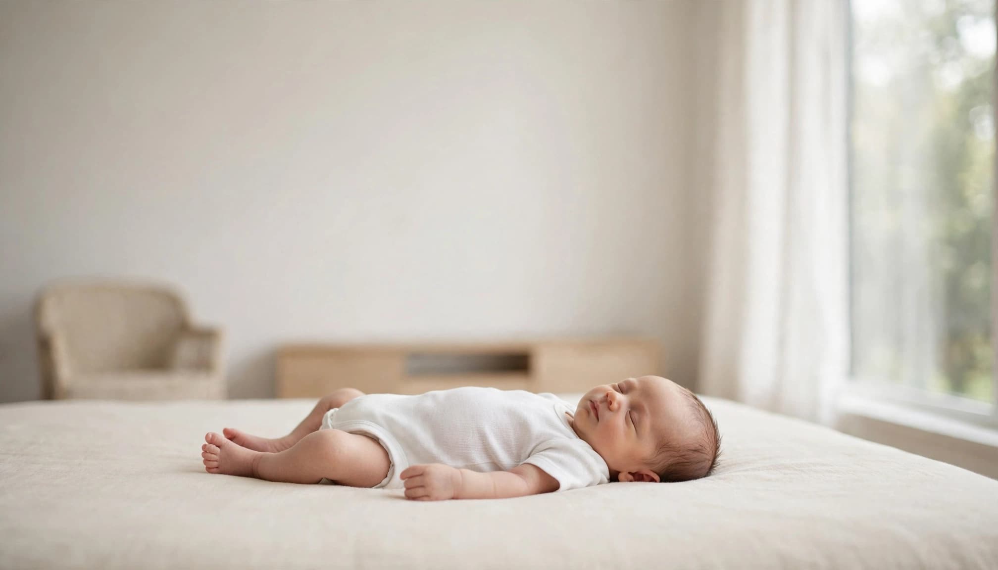 Sleeping newborn on a cream blanket beside a bright window.