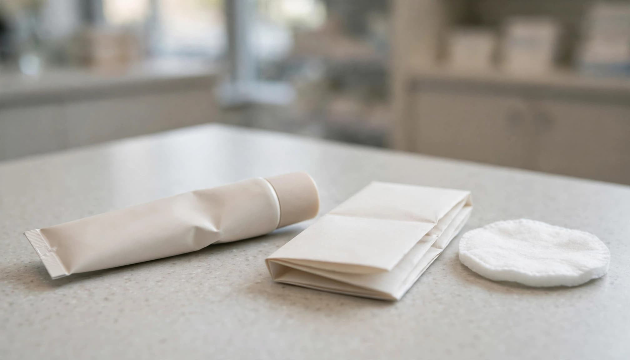 A cream tube, folded leaflet, and cotton pad sit on a clear counter.