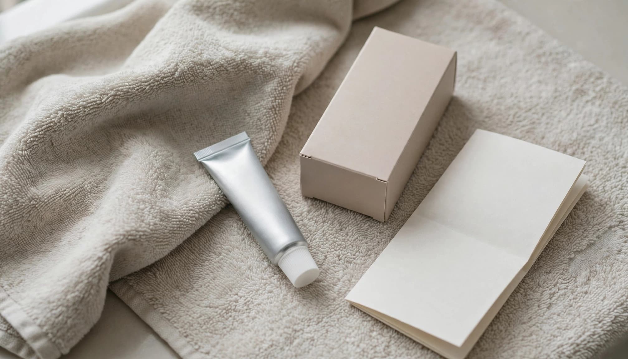 A cream tube, closed carton, and leaflet sit beside a soft towel on a bathroom counter.
