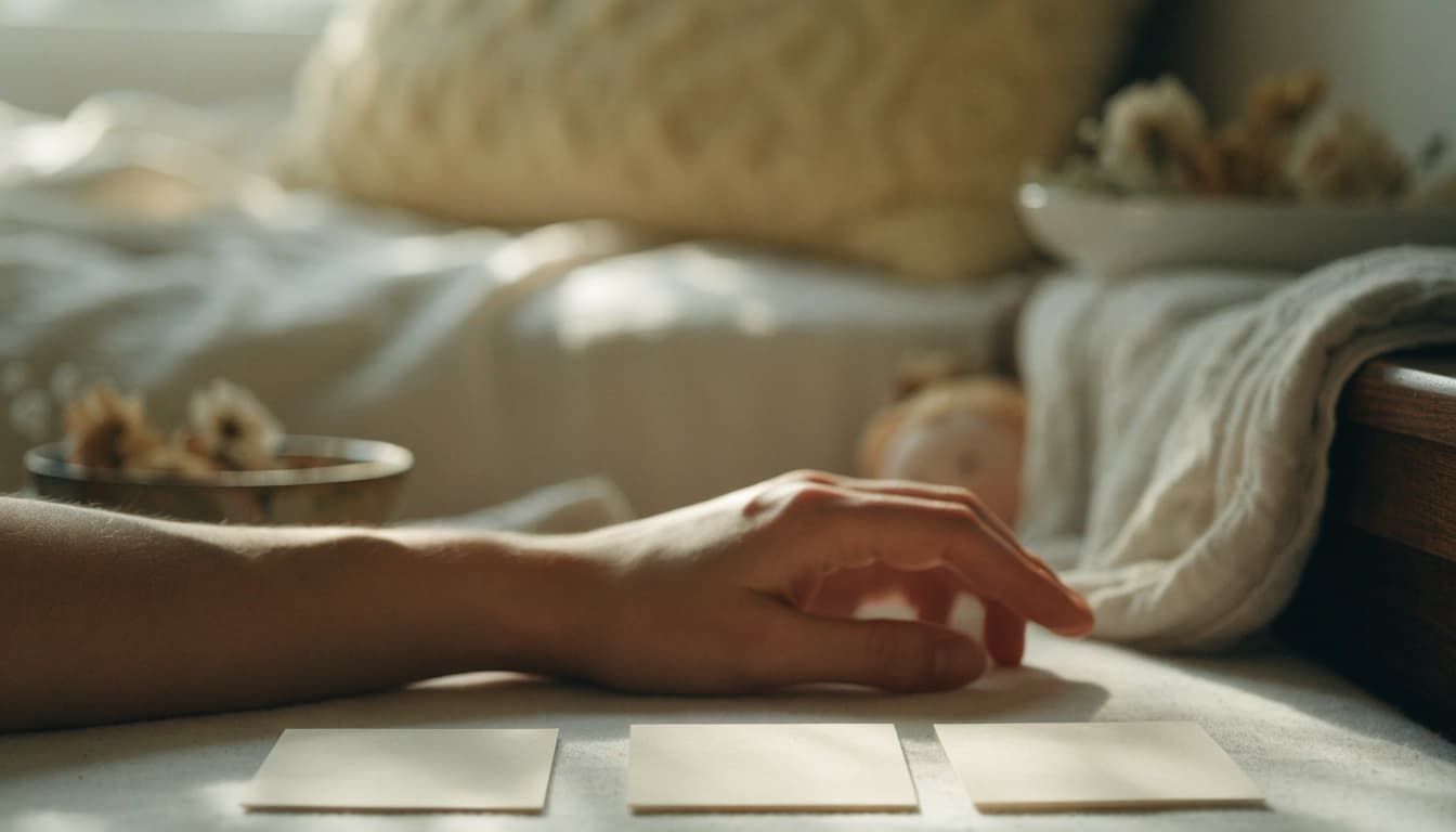 One hand rests beside three blank cards on a nursery table.