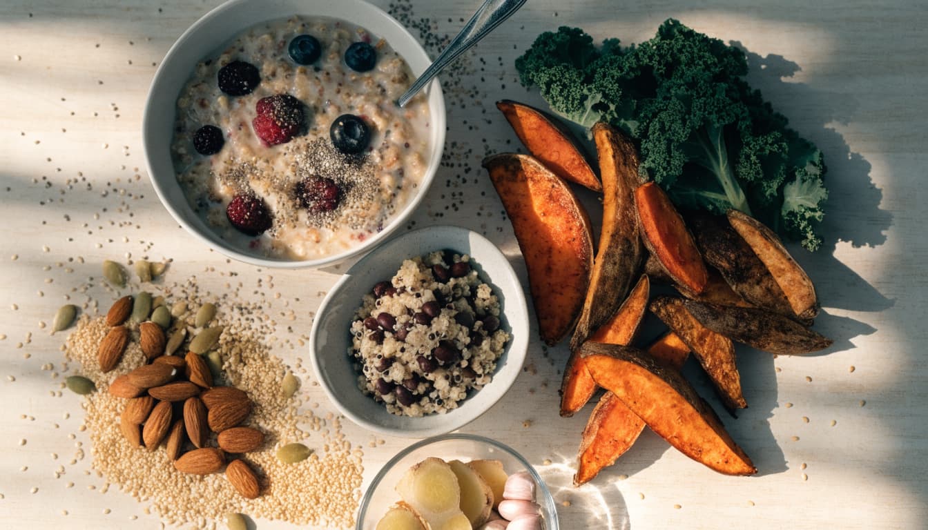 Oatmeal, quinoa, beans, sweet potato, kale, nuts, seeds, ginger, and garlic arranged on a kitchen table.