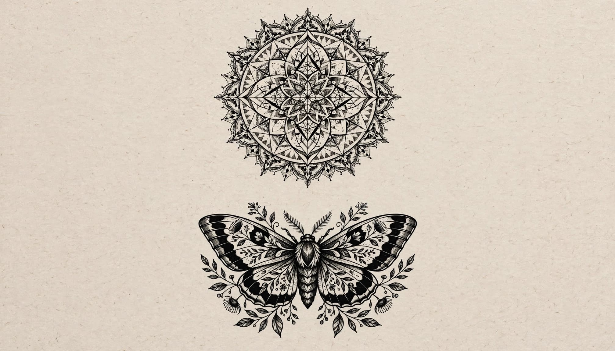 An ornate geometric design and a dark botanical moth drawn in black ink on neutral paper.