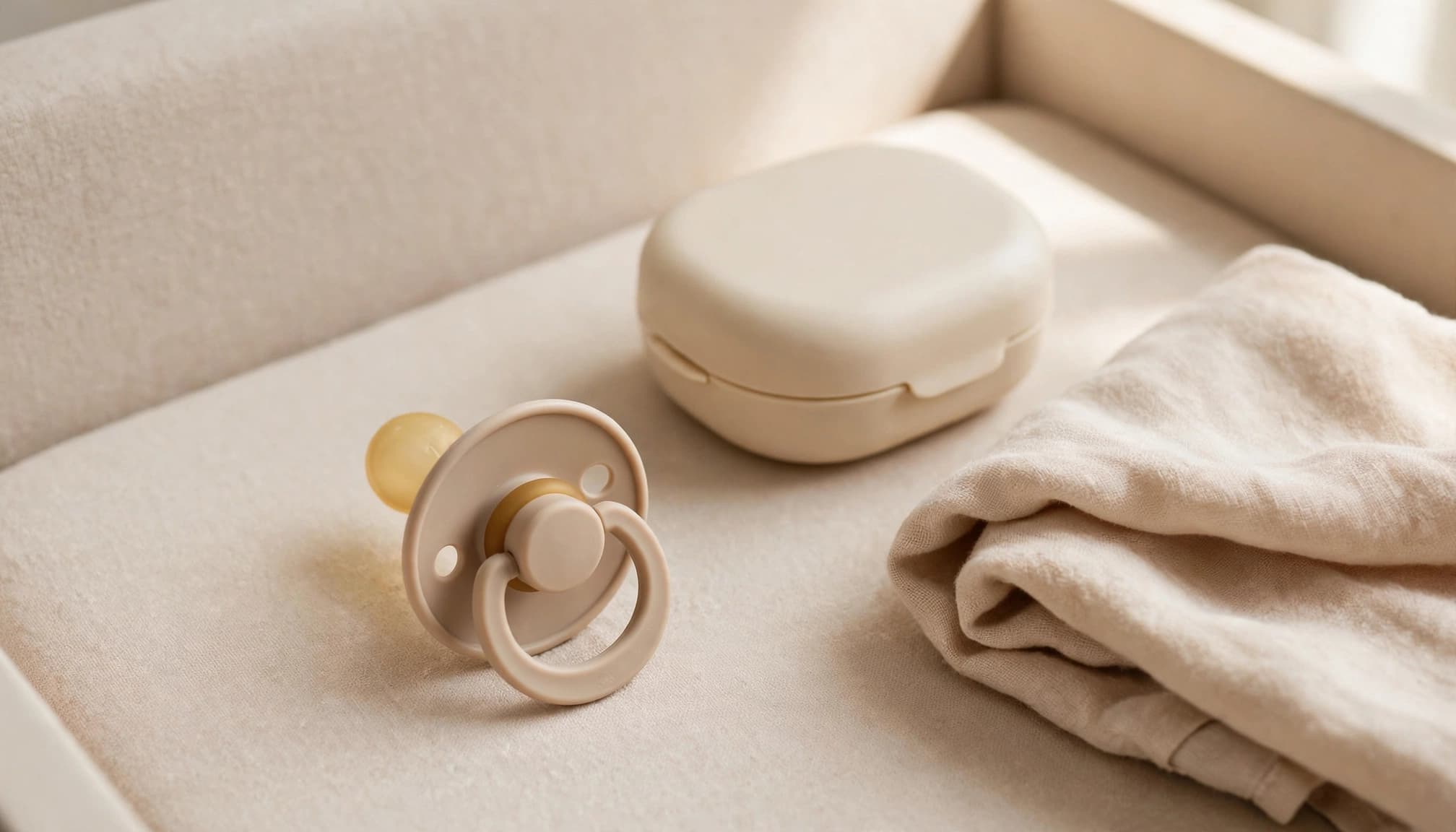 An infant pacifier beside its storage case and a soft cloth on a nursery table.
