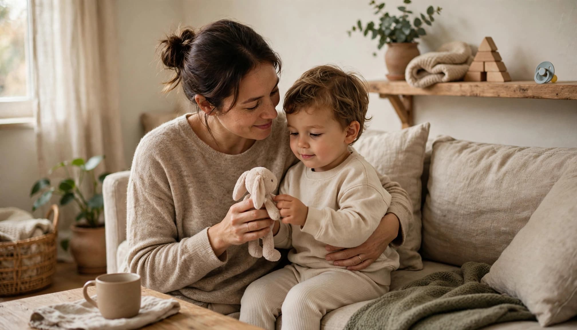 Parent hugs a toddler holding a comfort toy while a pacifier sits on a shelf.