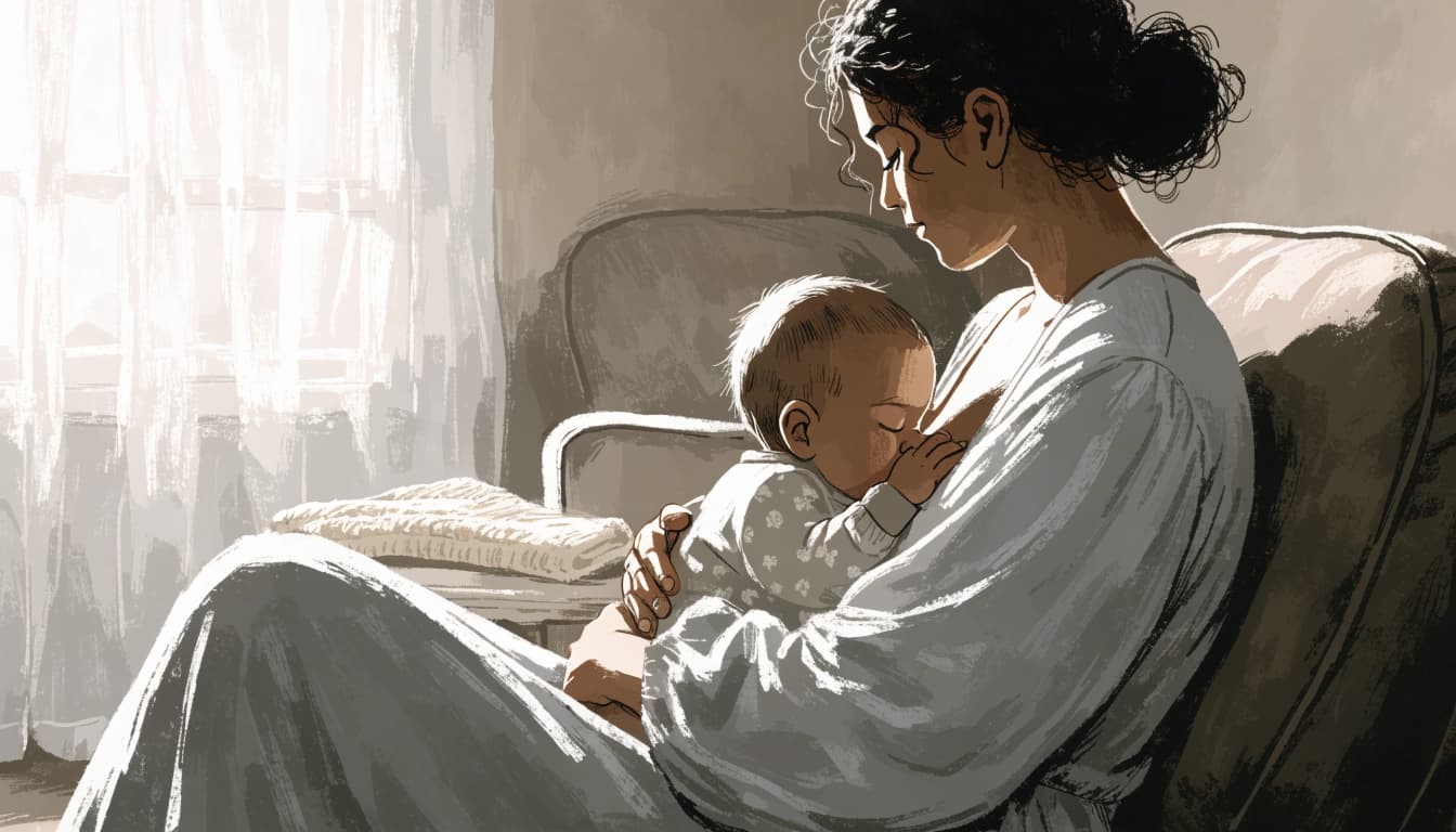 A clothed parent sits in a chair and securely holds an infant while breastfeeding.