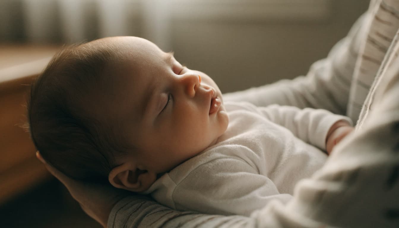 A peaceful infant rests in a parent's arms in warm window light.