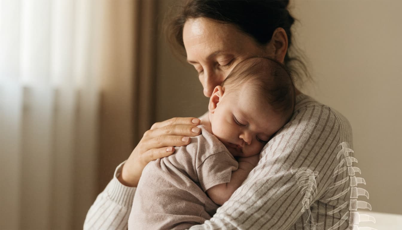 A parent holds a sleeping infant in a softly lit nursery with a faint anatomical overlay.