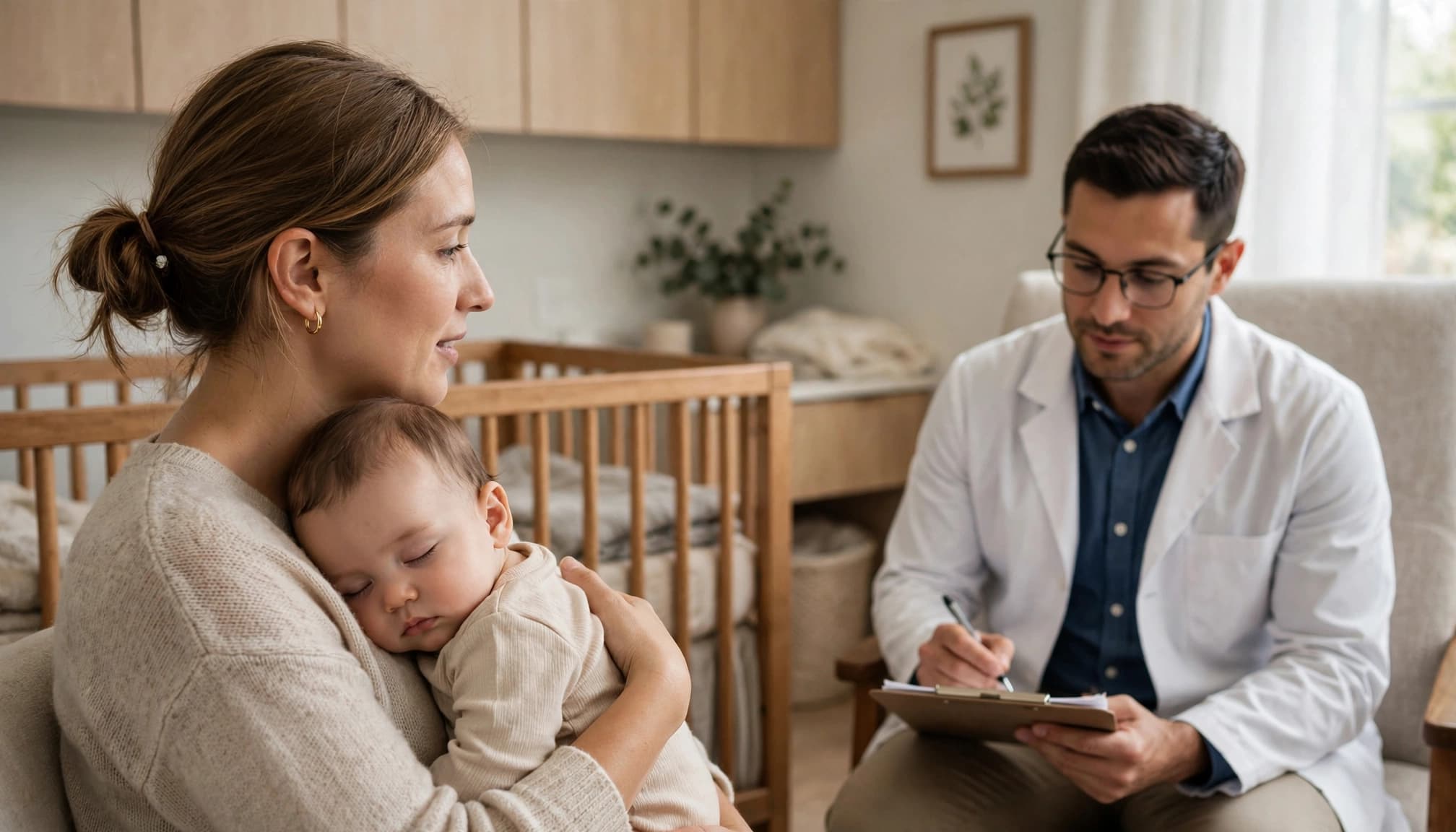 A parent holds a sleepy infant while a pediatrician reviews notes in a bright clinic.