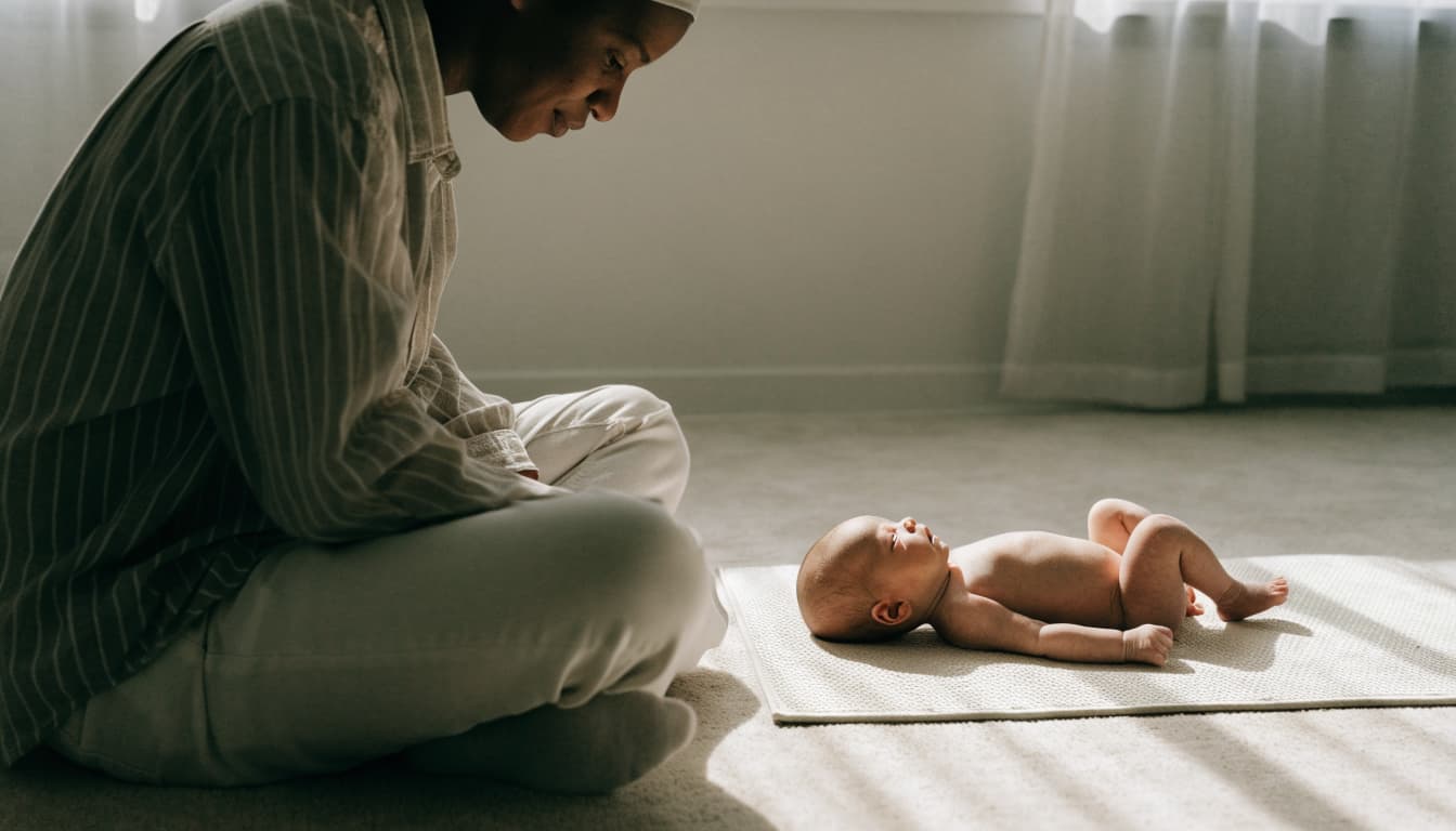 A parent watches their newborn lying on a play mat in a sunlit nursery.
