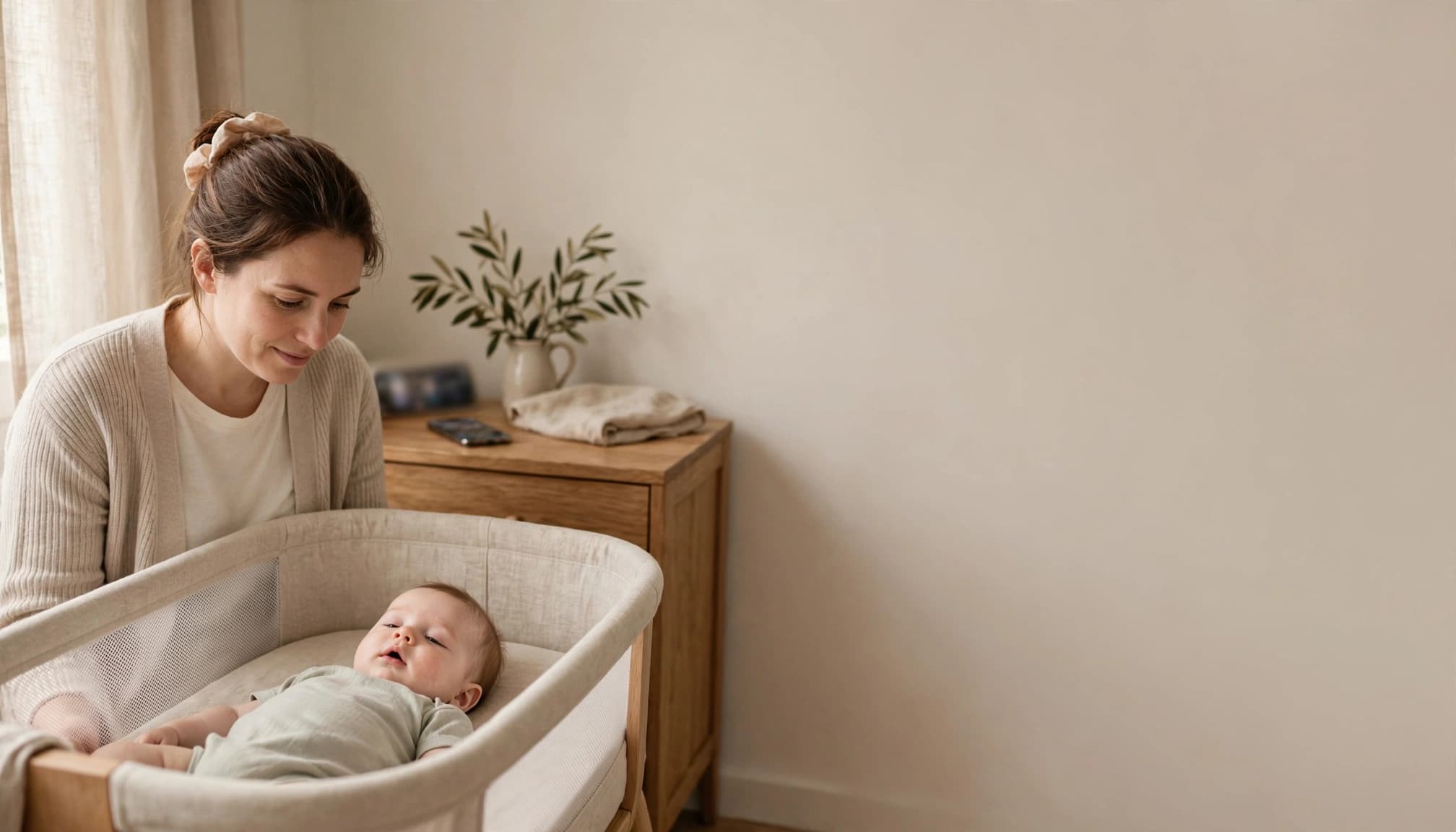 A parent watches a sleepy infant beside a clear bassinet in a softly lit nursery.