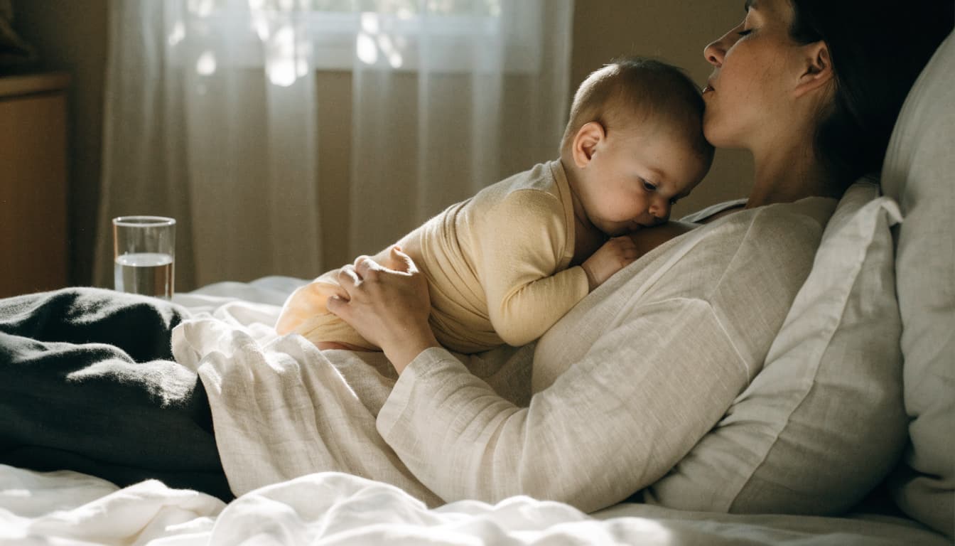 A seated parent nurses an infant beside a glass of water.