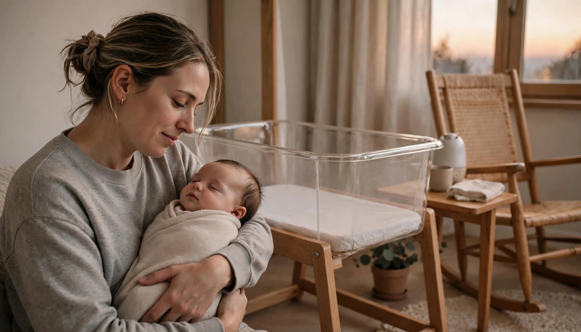 A tired parent gently holds an infant beside a clear empty bassinet.