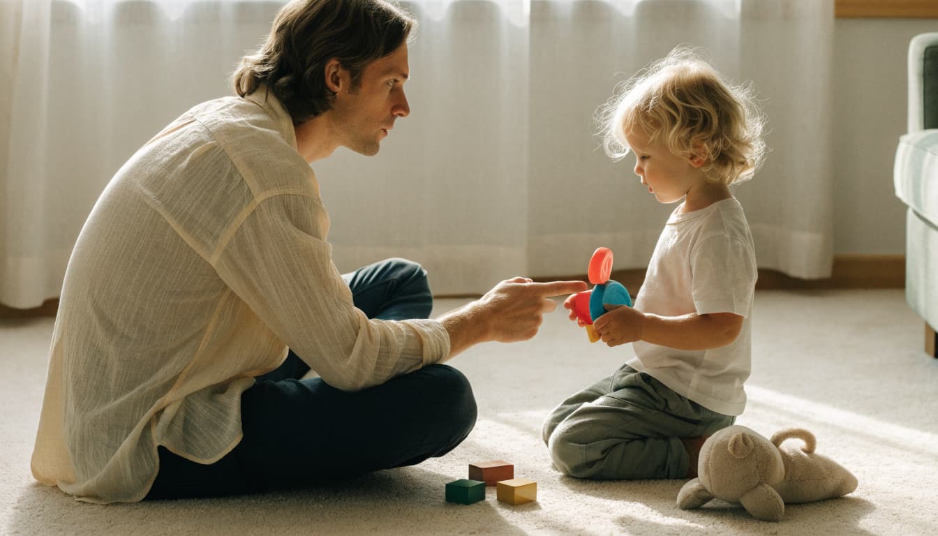 A parent points toward a colorful toy while a toddler watches nearby.