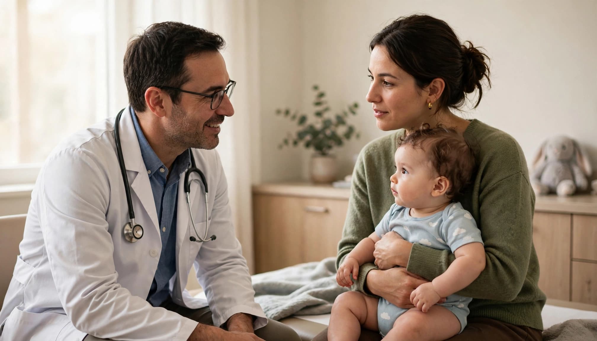 A pediatrician talks with a parent holding an infant in an exam room.