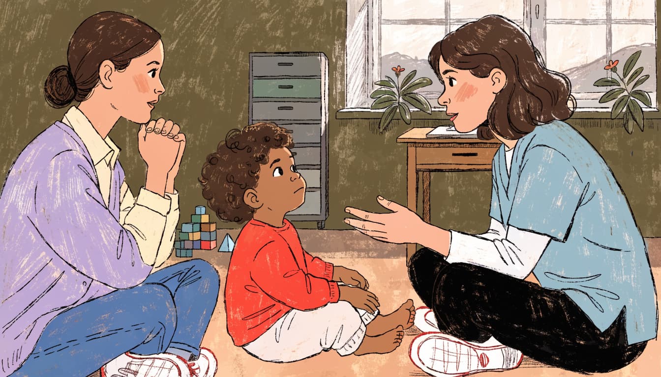 A clinician speaks with a caregiver while observing a toddler in an exam room.