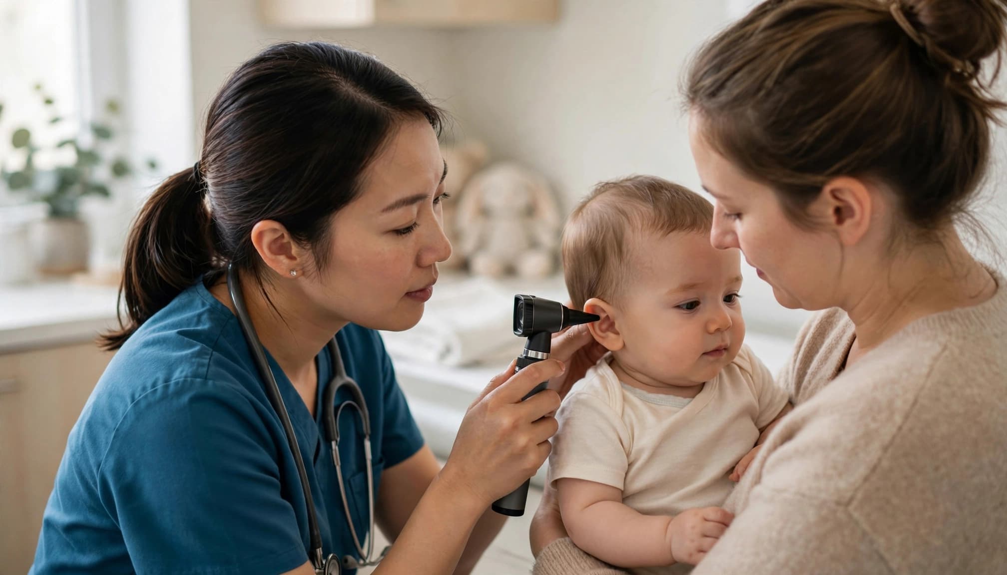 Clinician checks a baby's ear with an otoscope while a parent holds the infant.