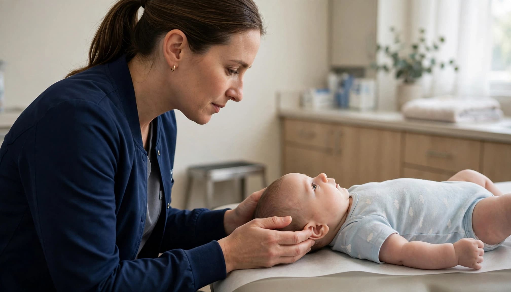 Clinician checks an infant's head while a parent sits nearby.