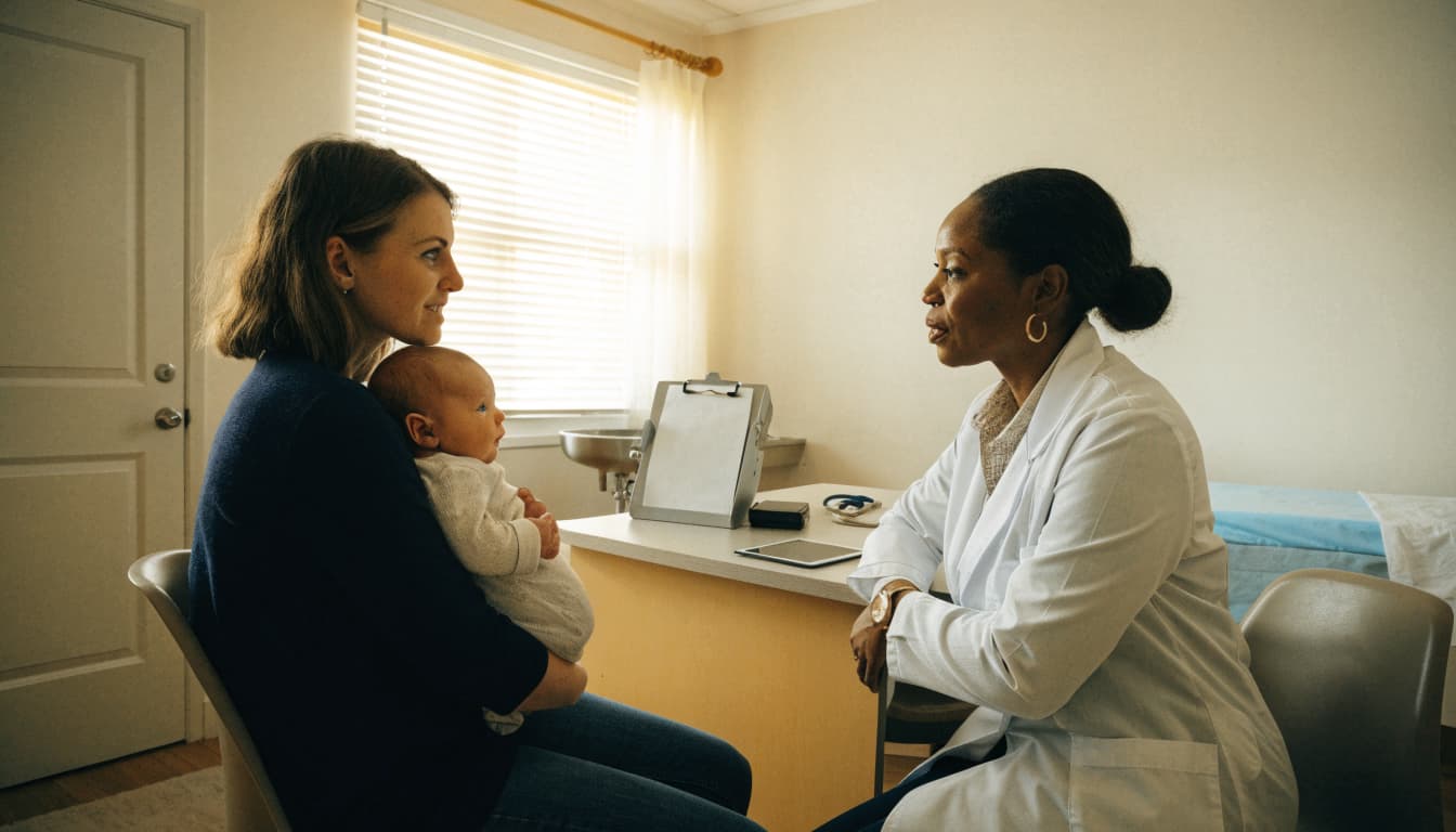 A caregiver holds an infant while listening to a pediatrician in an exam room.