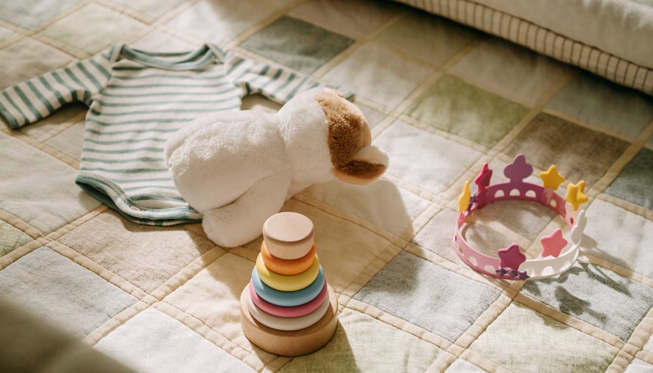 Baby clothes, a plush toy, stacking rings, and a tiny crown on a nursery quilt.