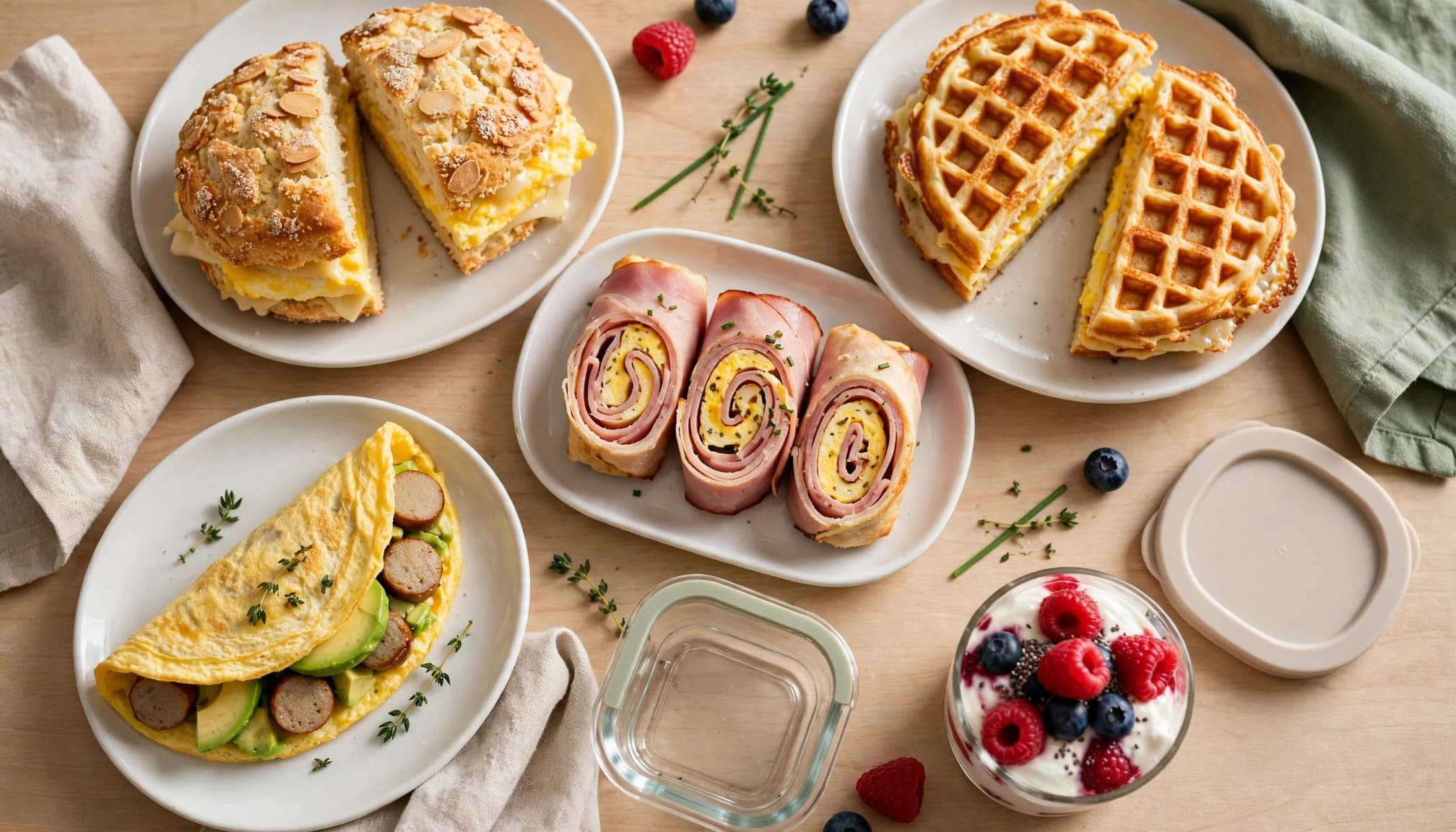 Five keto breakfasts arranged on a kitchen counter beside reusable containers.