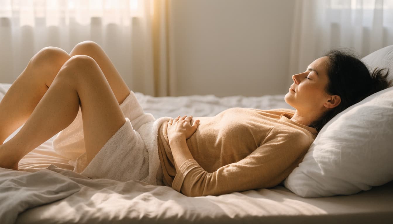 A woman rests in bed with one hand on her abdomen and a pillow beneath her knees.