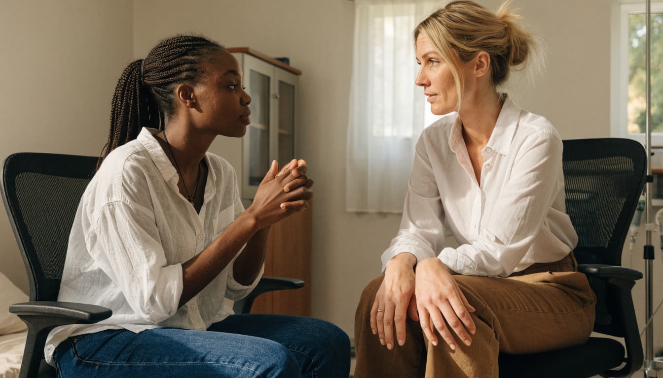 A postpartum mother talks with a clinician in a bright exam room.