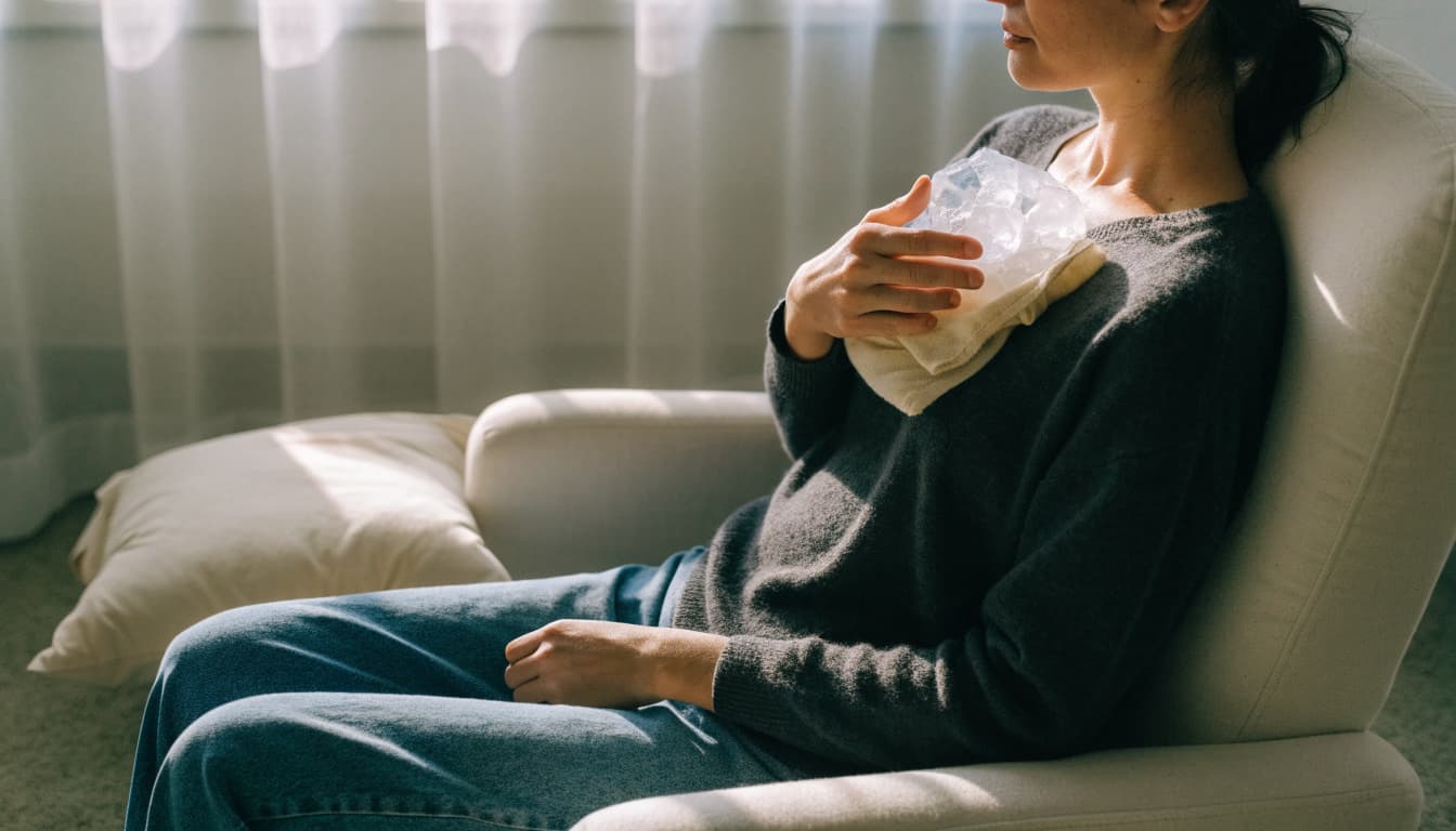 A parent in an armchair holds a cloth-wrapped cold pack near their chest.