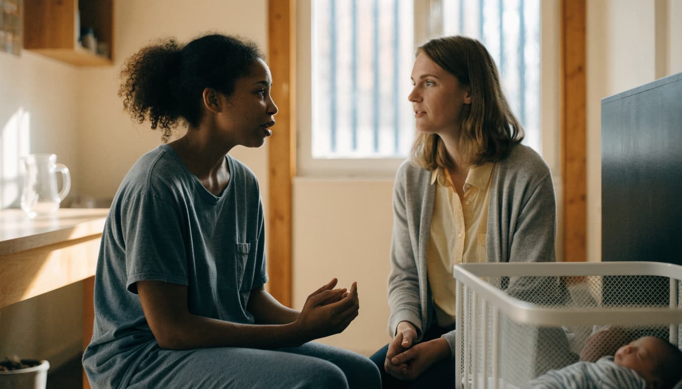 A lactation consultant listens to a parent beside their baby's bassinet.