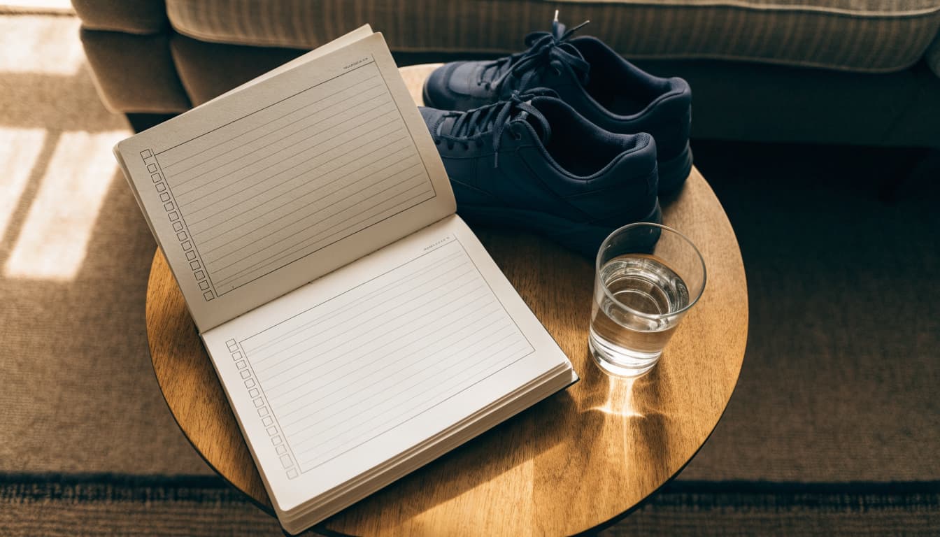 A blank checkbox journal sits beside walking shoes and a glass of water.