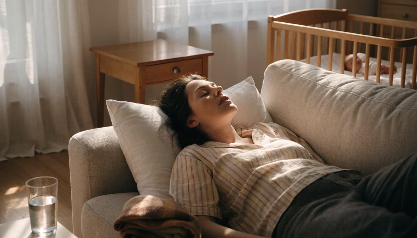 A mother rests on a sofa as her newborn sleeps in a nearby bassinet.