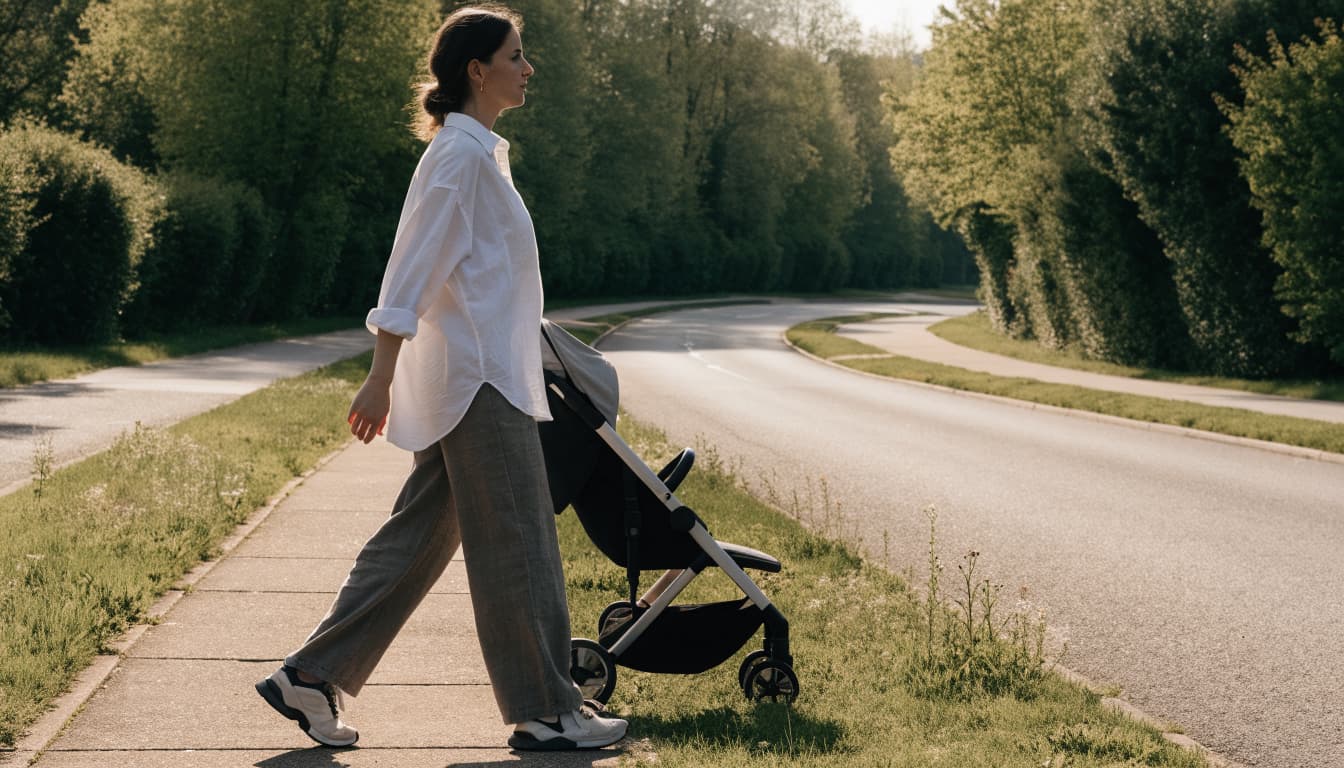A mother walks beside a stroller on a quiet, leafy sidewalk.