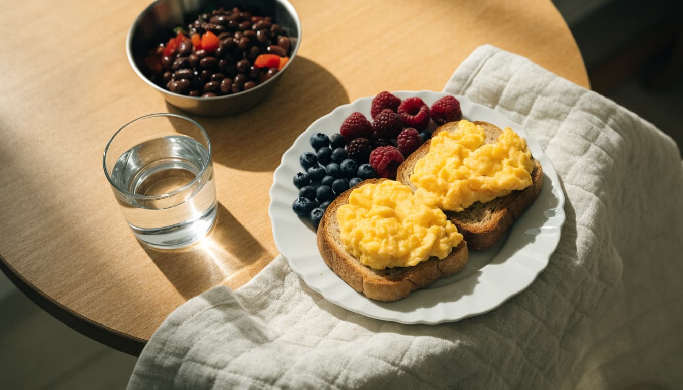Eggs, whole-grain toast, berries, beans, and roasted vegetables on a kitchen table.