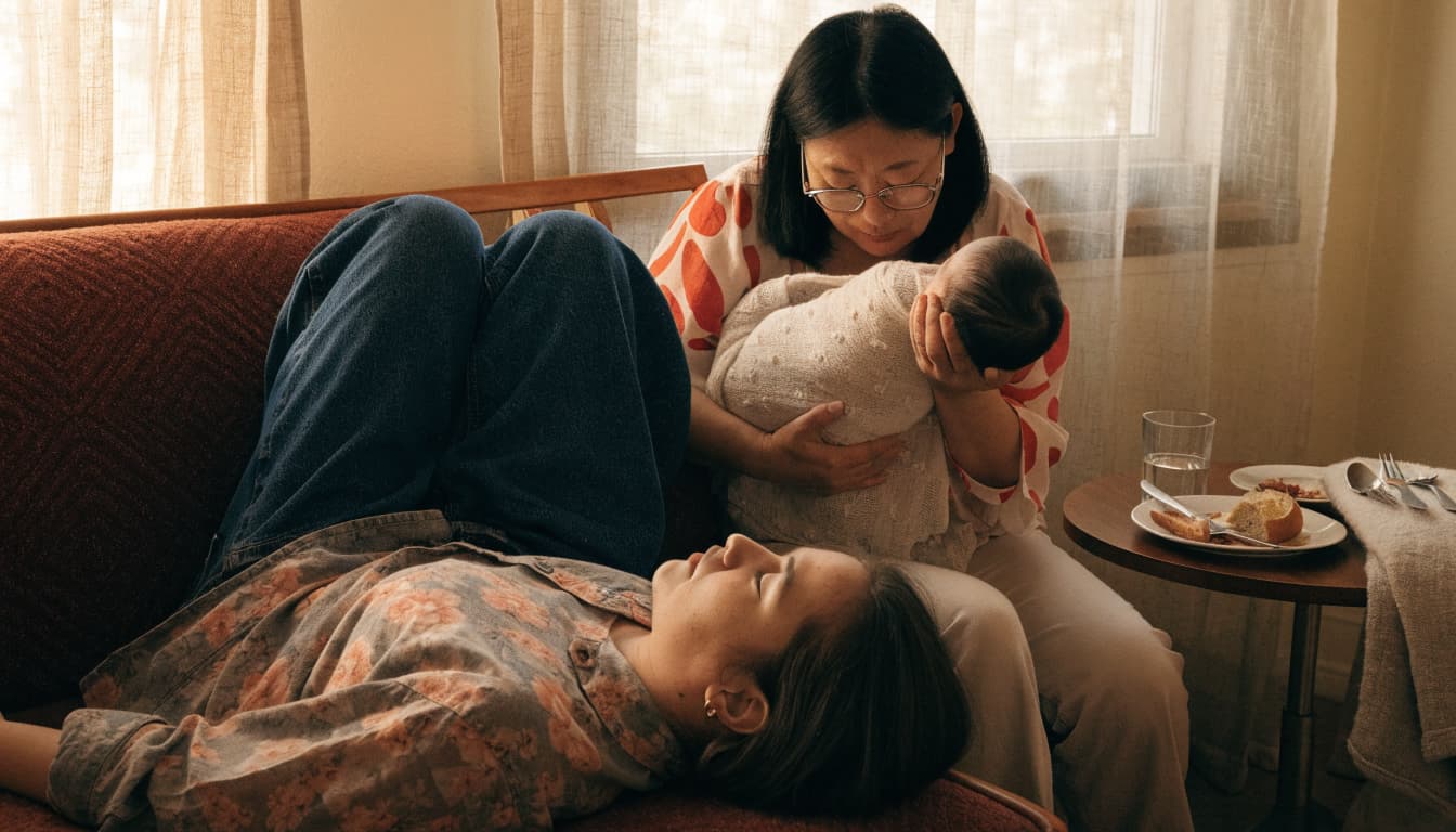 A parent rests on a sofa as a relative holds the newborn nearby.
