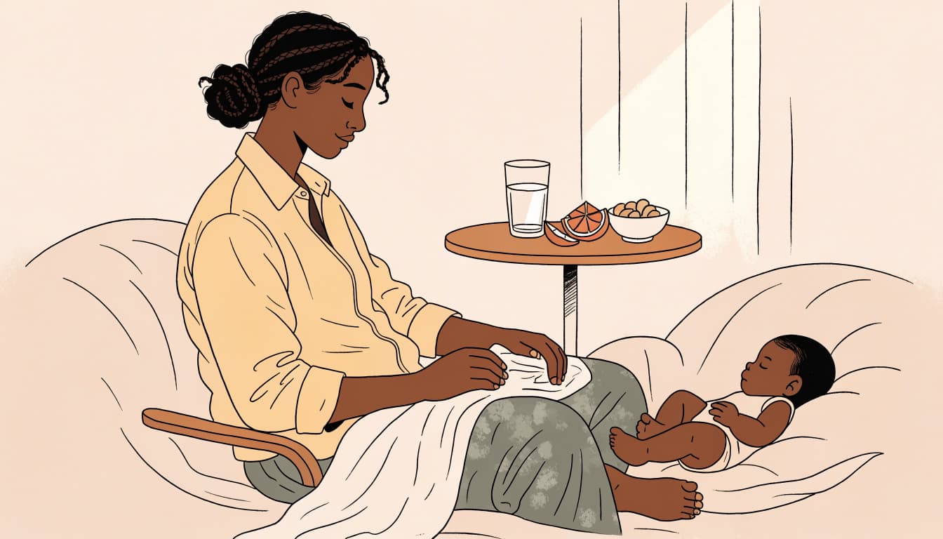A relaxed parent sits near an infant beside water, a snack, and a folded blanket.