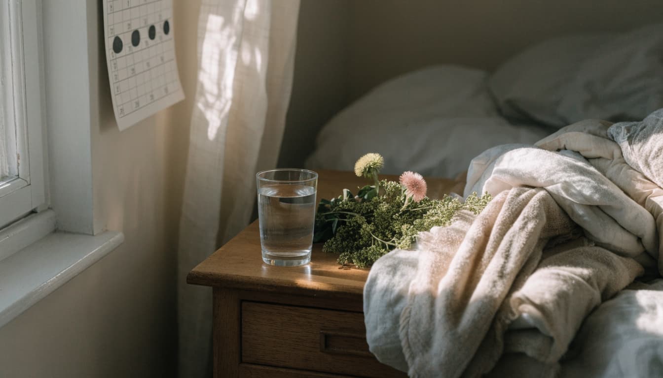 A calendar, folded blankets, water, and flowers sit on a bedside table in morning light.