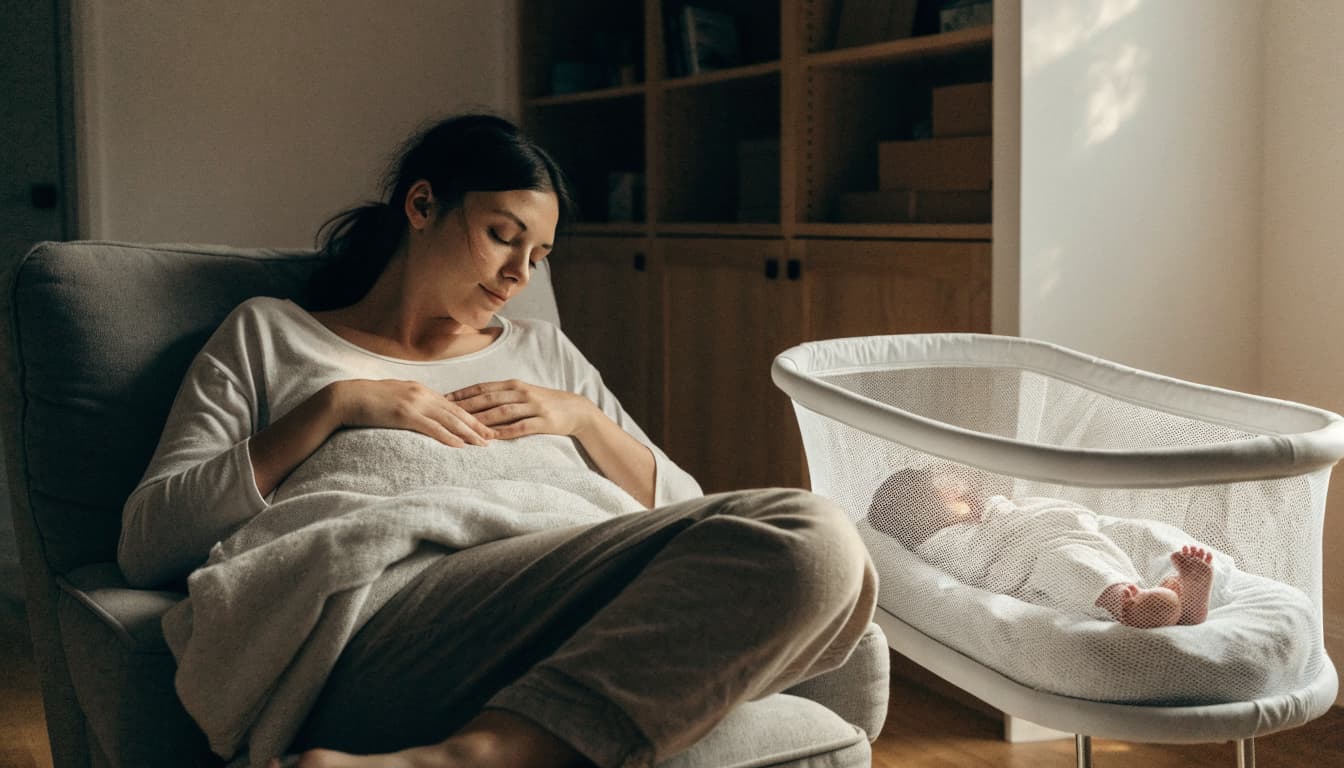 A woman rests in an armchair beside her sleeping newborn in a bassinet.
