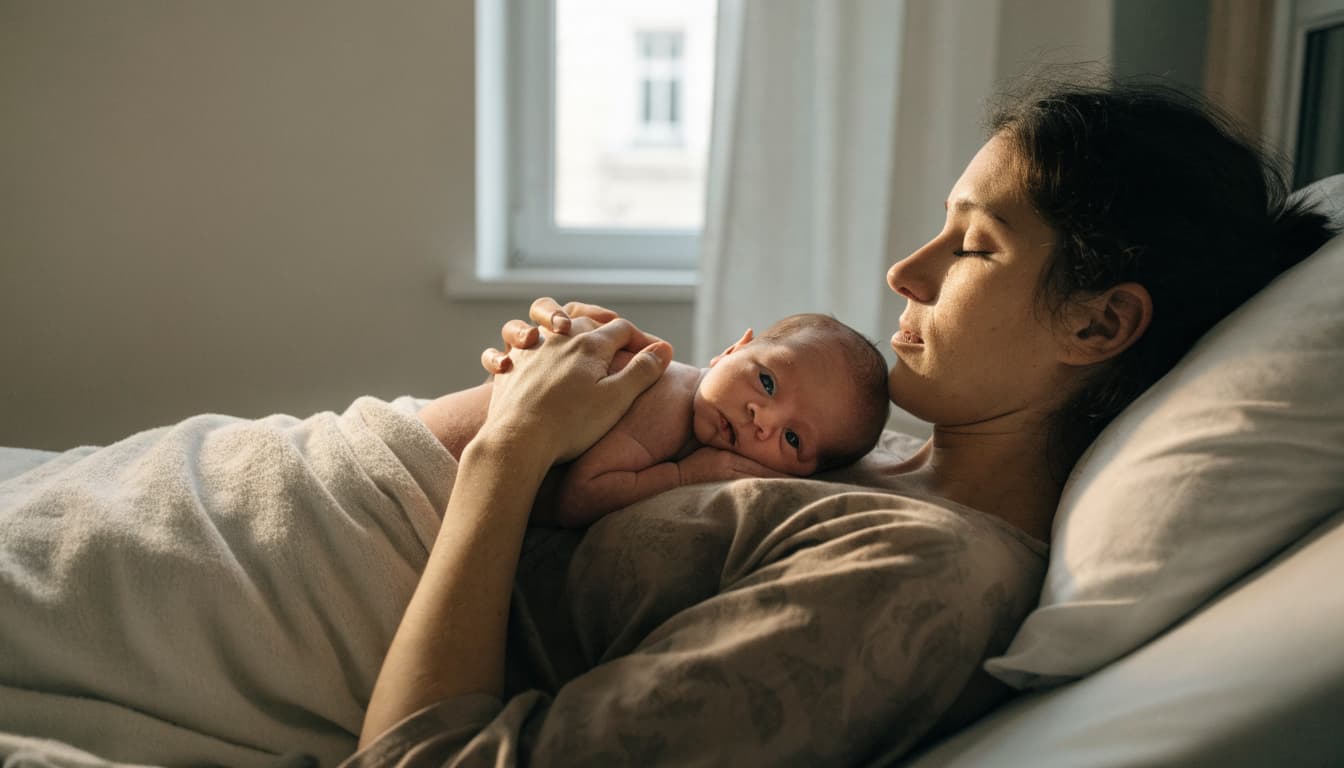 A reclining parent holds a newborn skin-to-skin in a softly lit hospital bed.