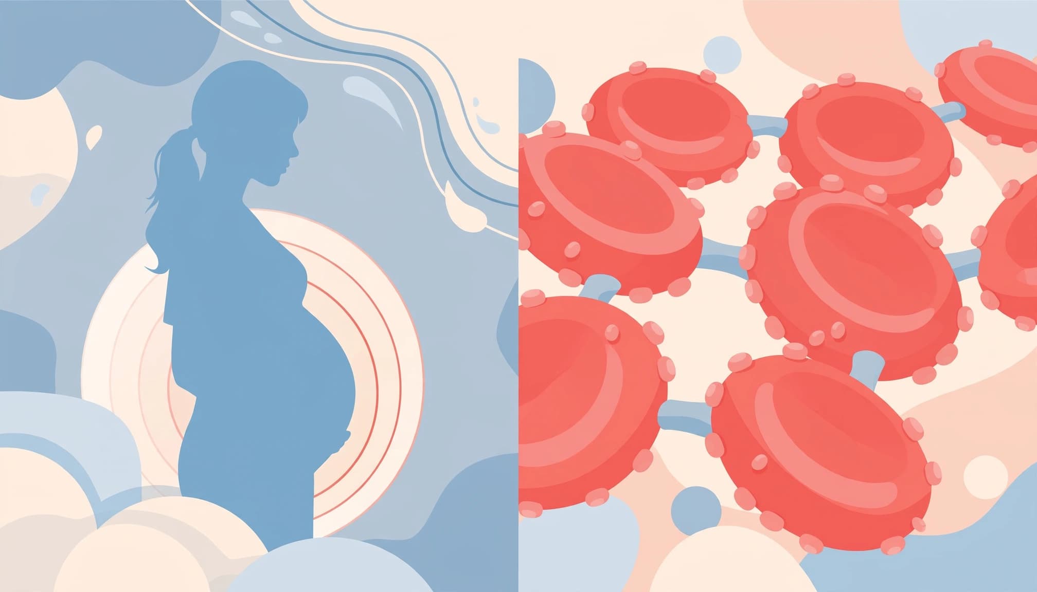 A pregnant silhouette beside red blood cells arranged to show compatibility.