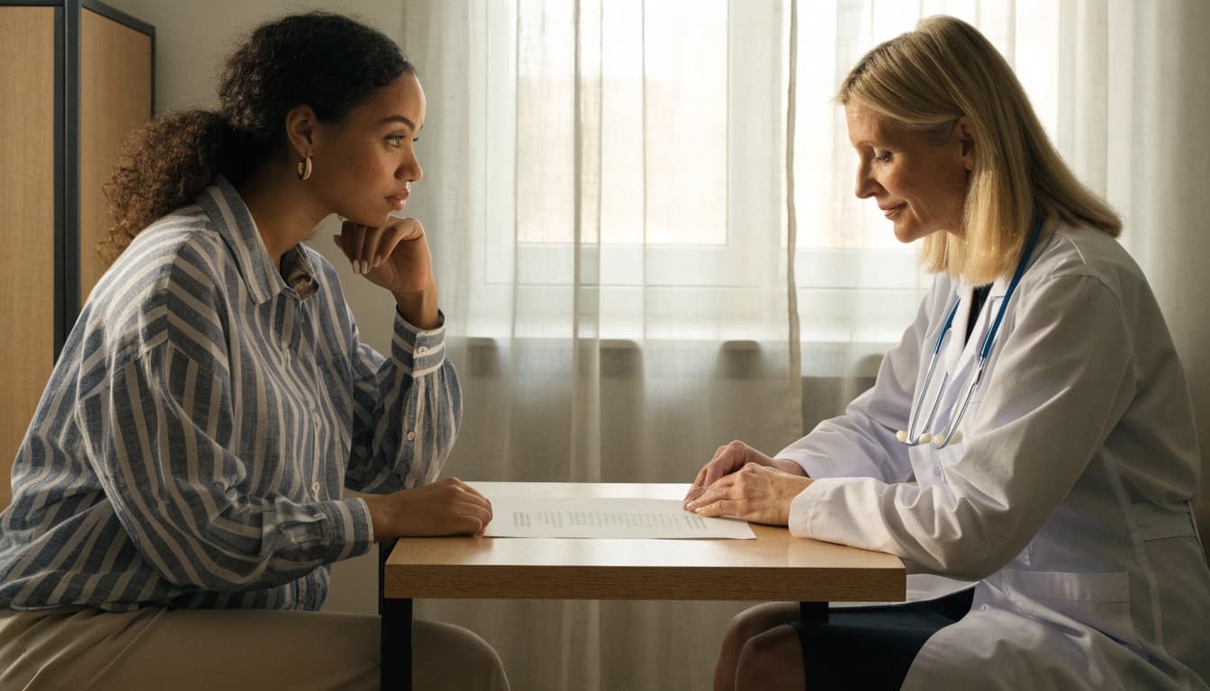 A pregnant patient and clinician review a paper record across a small table.