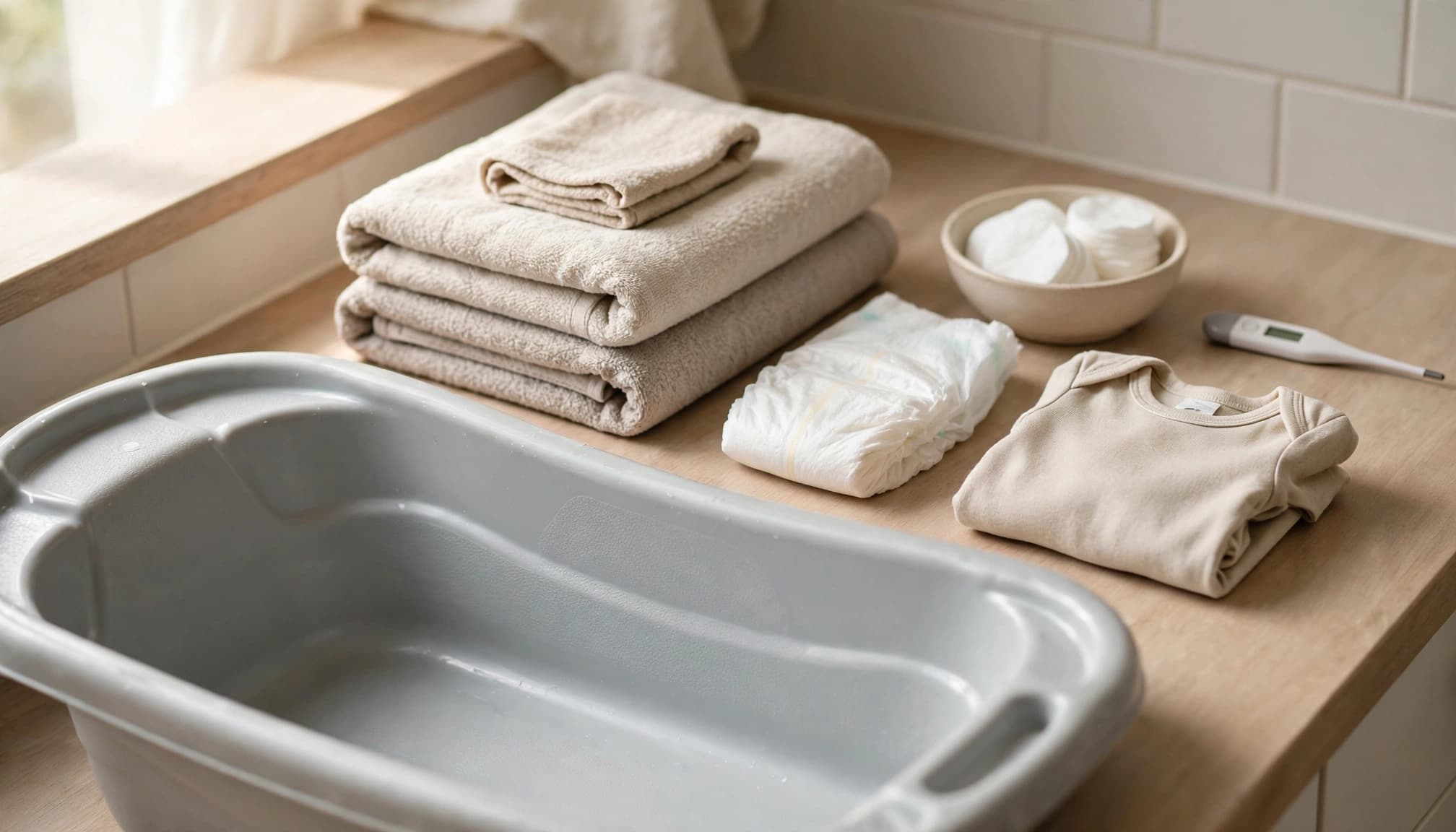 An infant tub with towels, baby clothes, diaper, cotton pads, and thermometer nearby.