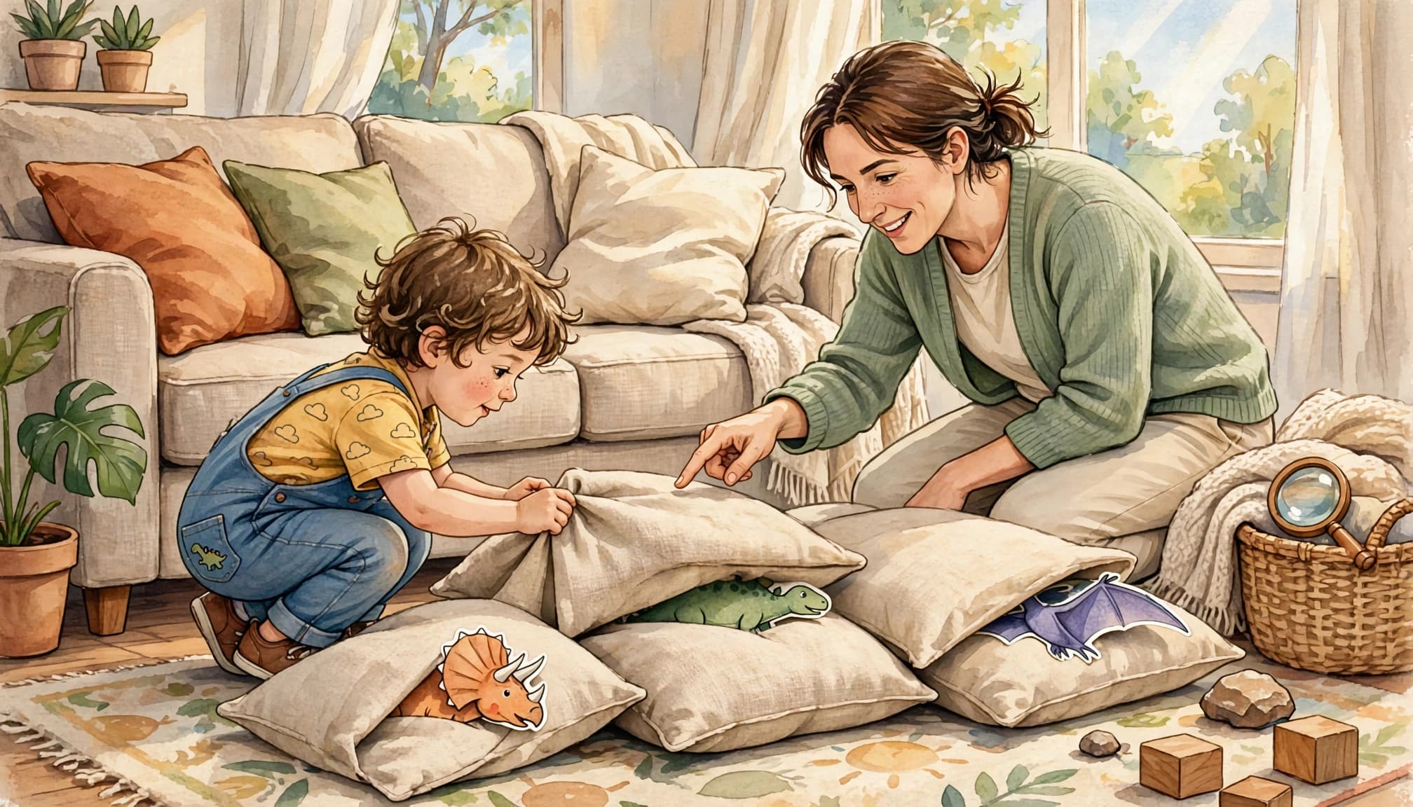 A child searches for paper dinosaurs as an adult points nearby.