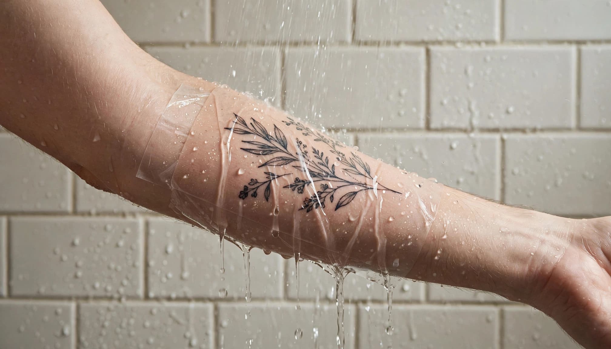 Water runs over clear protective film covering a tattooed forearm in the shower.